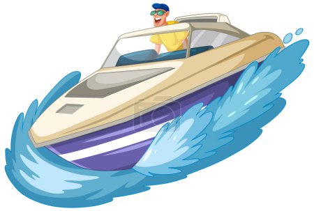 Téléchargez les illustrations : Homme conduisant un hors-bord sur des vagues bleues éclaboussantes - en licence libre de droit