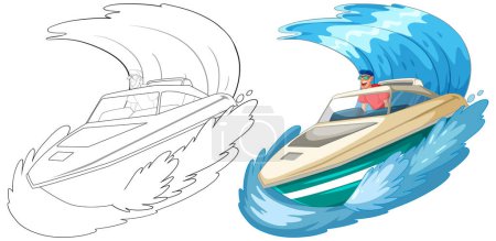 Téléchargez les illustrations : Illustration vectorielle d'un hors-bord chevauchant les vagues océaniques - en licence libre de droit