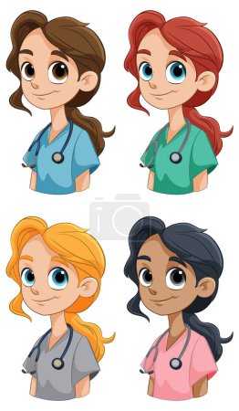Cuatro doctores de dibujos animados con diferentes etnias