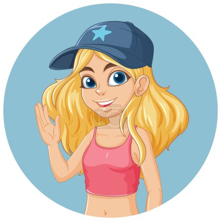 Dibujos animados de chica alegre saludando con atuendo casual