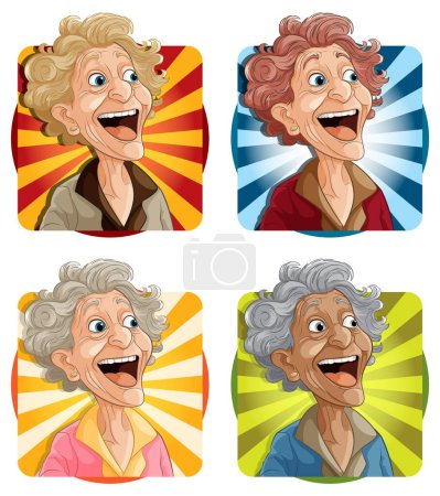 Cuatro retratos vibrantes de señoras mayores alegres.