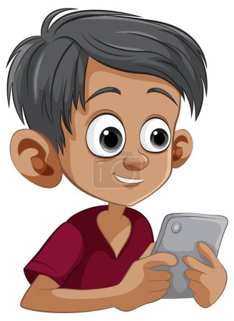 Téléchargez les illustrations : Dessin animé garçon tenant une tablette numérique souriant - en licence libre de droit