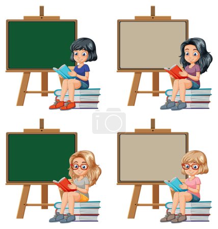 Four cartoon children reading books by chalkboards