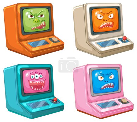 Téléchargez les illustrations : Quatre ordinateurs animés avec des visages monstrueux expressifs - en licence libre de droit
