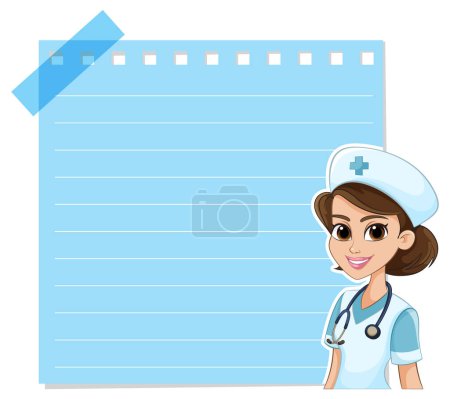 Téléchargez les illustrations : Infirmière dessin animé souriant à côté d'un presse-papiers vierge - en licence libre de droit