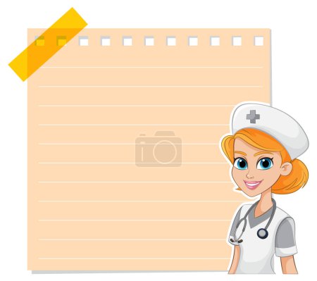 Téléchargez les illustrations : Infirmière dessin animé souriant à côté d'un tableau vierge - en licence libre de droit