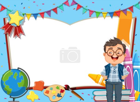 Ilustración de Niño de dibujos animados con útiles escolares y decoraciones festivas. - Imagen libre de derechos
