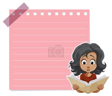 Ilustración de Caricatura chica leyendo libro, gran cuaderno rosa detrás - Imagen libre de derechos