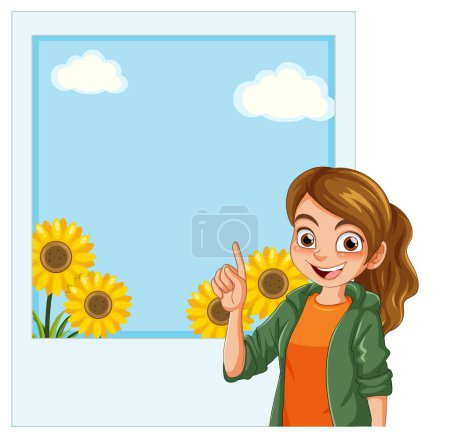 Illustration for Cheerful young girl pointing at vibrant sunflowers. - Royalty Free Image