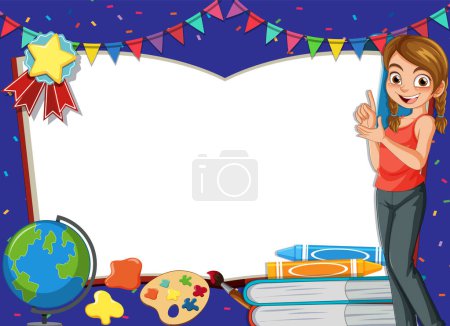 Illustration for Cheerful teacher with educational tools and decorations. - Royalty Free Image