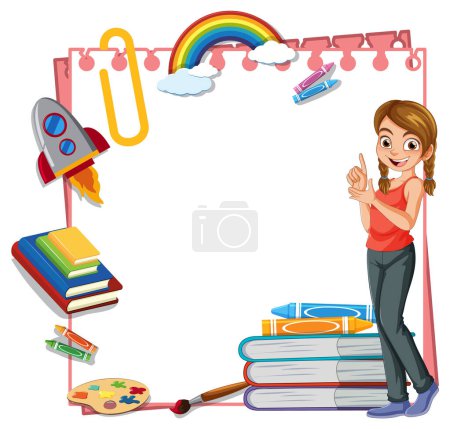 Illustration for Woman teaching with books and art supplies. - Royalty Free Image