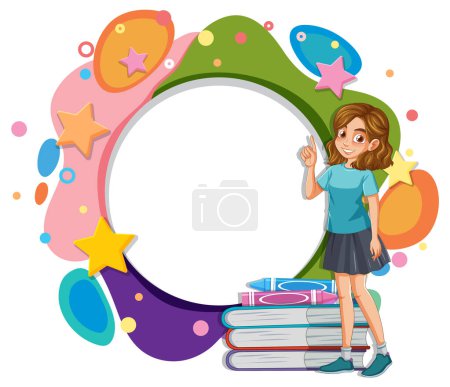 Illustration for Young girl standing by books with vibrant frame. - Royalty Free Image