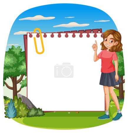 Illustration for Young girl presenting on a large blank notepad. - Royalty Free Image