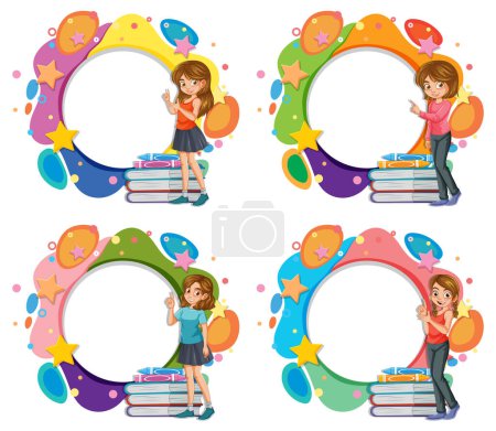 Illustration for Four vibrant frames featuring children with books. - Royalty Free Image