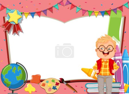 Ilustración de Niño con útiles escolares y decoraciones. - Imagen libre de derechos