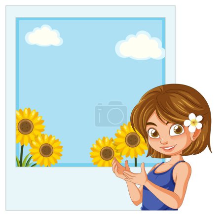 Ilustración de Dibujos animados chica sosteniendo girasoles, enmarcado por una ventana. - Imagen libre de derechos