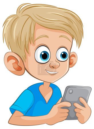 Ilustración de Dibujos animados de un niño usando una tableta, sonriendo. - Imagen libre de derechos