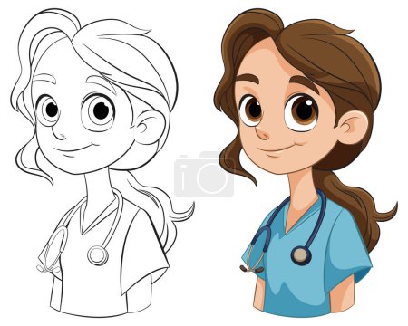 Téléchargez les illustrations : Art coloré et en ligne d'un dessin animé médecin féminin - en licence libre de droit