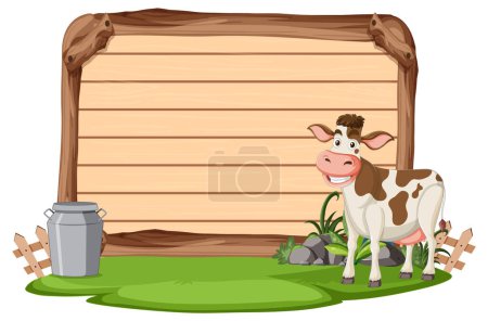 Illustration for Cartoon cow standing next to a blank signboard. - Royalty Free Image