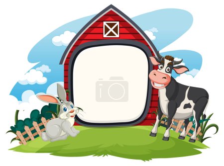 Ilustración de Vaca y conejo junto a un marco en forma de granero. - Imagen libre de derechos