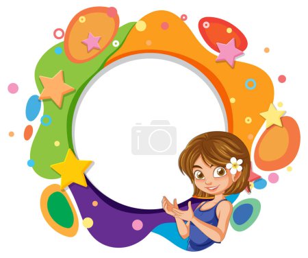 Illustration for Cartoon girl with a vibrant, decorative frame. - Royalty Free Image