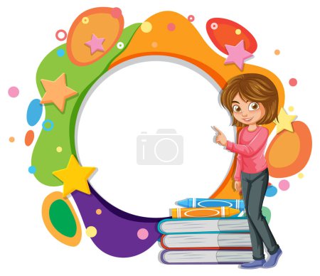 Illustration for Young woman presenting beside a vibrant, decorative frame. - Royalty Free Image