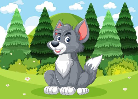 Illustration for Happy gray dog sitting in a lush green forest. - Royalty Free Image