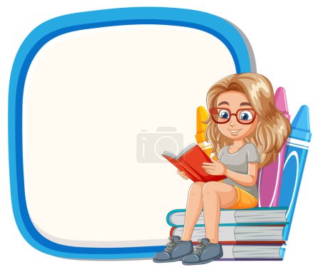 Illustration for Cartoon girl reading book, sitting on books. - Royalty Free Image