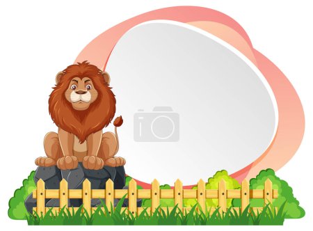 Téléchargez les illustrations : Lion dessin animé assis près d'une clôture en bois et d'un cadre ovale. - en licence libre de droit