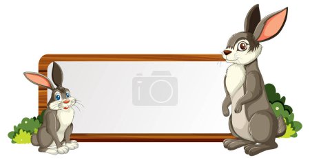 Téléchargez les illustrations : Deux lapins de dessin animé à côté d'une bannière vide. - en licence libre de droit