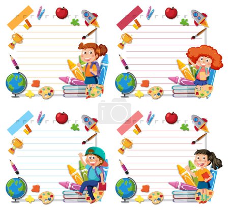 Ilustración de Cuatro etiquetas escolares vibrantes con niños alegres. - Imagen libre de derechos