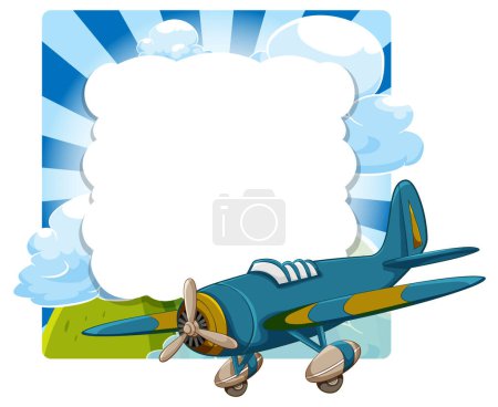 Téléchargez les illustrations : Avion de bande dessinée volant avec un fond de cadre nuageux. - en licence libre de droit