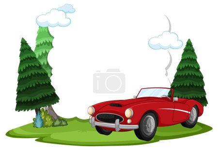 Illustration for Red convertible car parked near green pine trees. - Royalty Free Image