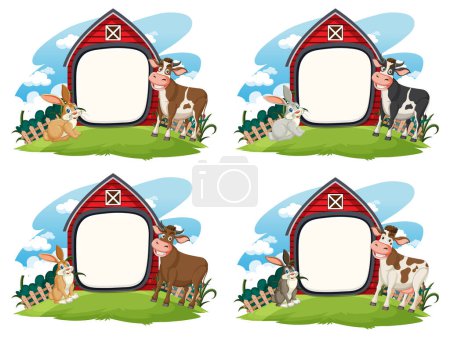 Téléchargez les illustrations : Illustration d'animaux de ferme près d'une grange rouge - en licence libre de droit