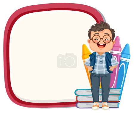 Dessin animé garçon debout avec des livres et un crayon géant.