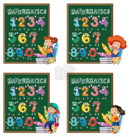 Colorful educational boards with children and numbers.