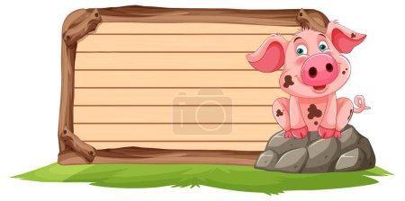 Illustration for Cartoon pig sitting by a wooden signboard. - Royalty Free Image
