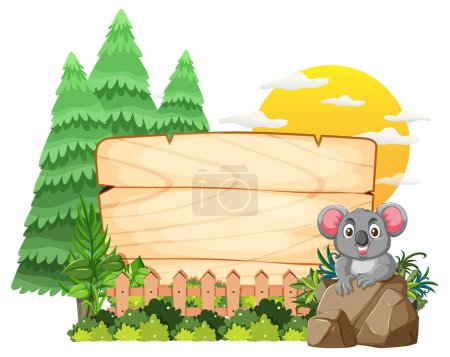 Téléchargez les illustrations : Koala à côté d'un panneau en bois blanc dans la forêt - en licence libre de droit