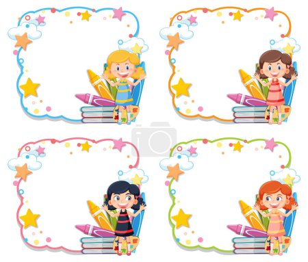 Four frames featuring children reading with stars.