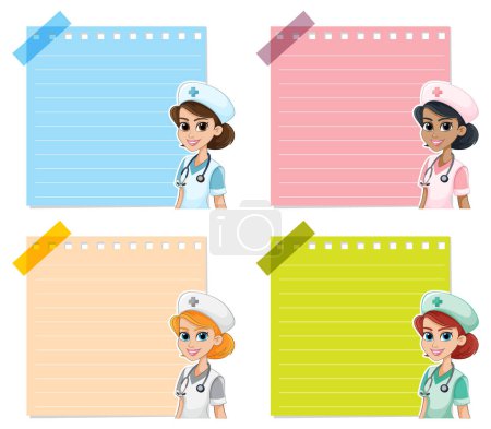 Téléchargez les illustrations : Illustration vectorielle des infirmières et des blocs-notes multicolores. - en licence libre de droit