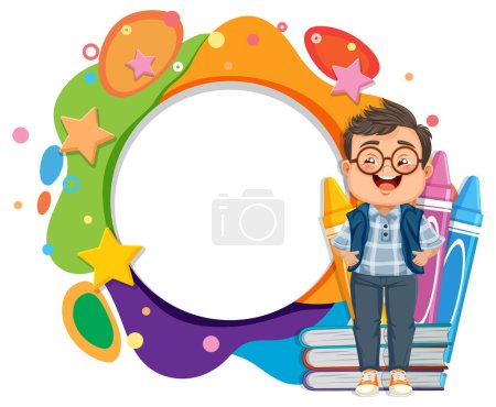 Cartoon boy with glasses standing by books.