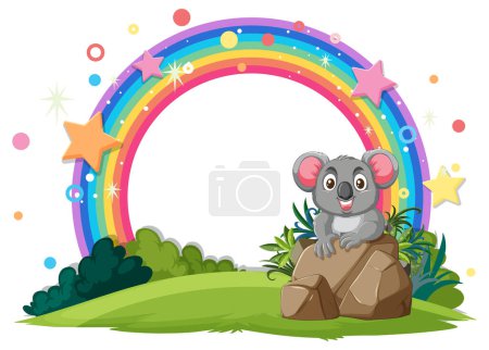 A happy koala sitting on a rock under a rainbow