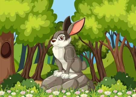 Téléchargez les illustrations : Un lapin mignon assis parmi la flore dynamique de la forêt. - en licence libre de droit