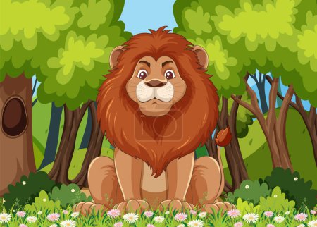 Téléchargez les illustrations : Dessin animé lion entouré d'une flore forestière vibrante. - en licence libre de droit