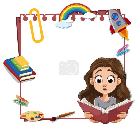 Ilustración de Chica leyendo rodeado de símbolos de creatividad - Imagen libre de derechos