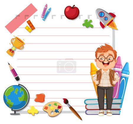 Young student with school supplies and blank notebook.