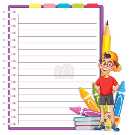 Illustration for Cheerful boy with books and giant pencil illustration. - Royalty Free Image