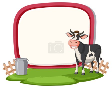 Illustration for Cartoon cow standing near a fence and bucket - Royalty Free Image
