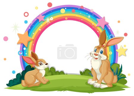 Ilustración de Dos conejos de dibujos animados bajo un arco iris de colores. - Imagen libre de derechos