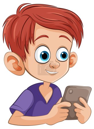 Karikatur eines Kindes, das ein Tablet mit Interesse benutzt